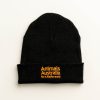 Front of black beanie with the AA logo embroidered in orange