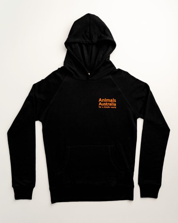 Animals Australia logo on front of black hoodie